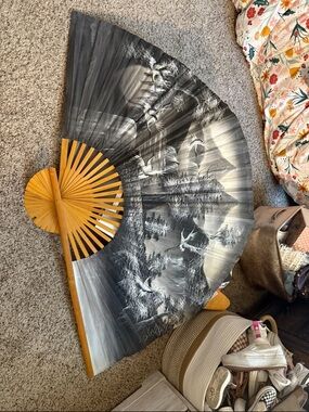 Handheld Decorative Folding Fan with Scenic Black & Wood Design